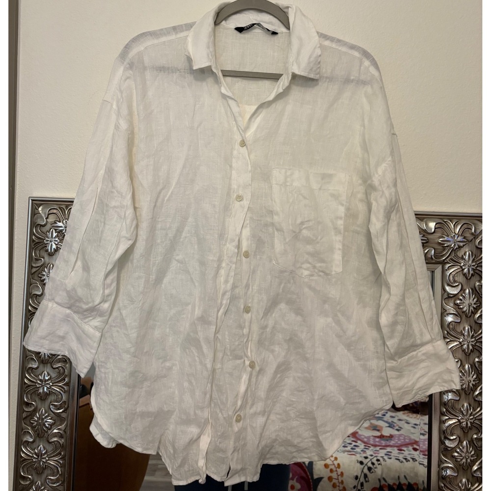 Zara White 100% Linen Button Down Shirt Oversized Long Sleeve Small h5